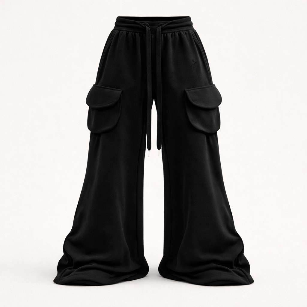 Pre-Order Baggy Wide Leg Cargo Pants - Stacked Black Streetwear Sweatpants