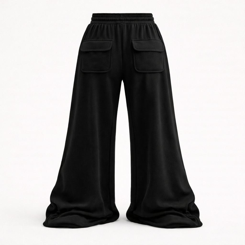Pre-Order Baggy Wide Leg Cargo Pants - Stacked Black Streetwear Sweatpants
